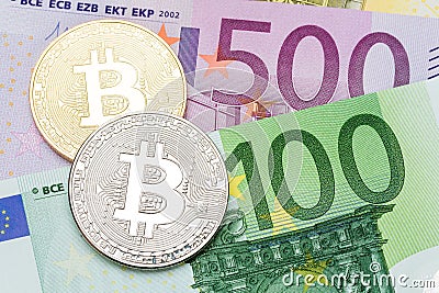 Golden and silver cryptocurrency bitcoin euro background. Stock Photo
