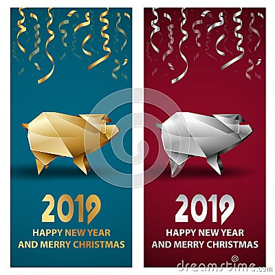 Golden and Silver Pig as a Symbol of Chinese New Year 2019. Vector Illustration