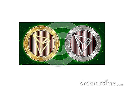 Golden and silver Tron TRX cryptocurrency coins on blockchain background Vector Illustration