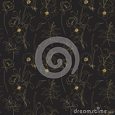 Golden sketch anemone seamless pattern on black background. Hand painted flowers, eucalyptus leaves and branch isolated Stock Photo