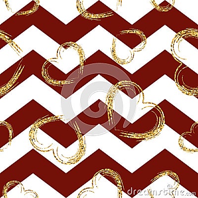 Golden sketch hearts seamless pattern zig zag red Vector Illustration