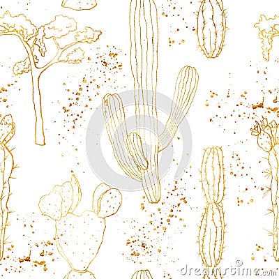 Golden sketch seamless pattern with mexican cacti and tree. Hand painted floral desert cactus. Botanical illustration Cartoon Illustration