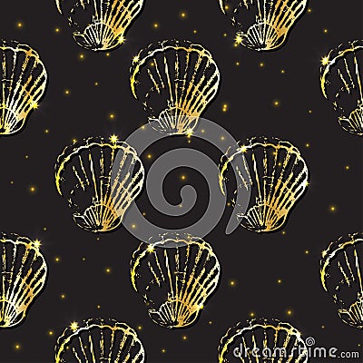 Golden sketch seashell decor seamless pattern. Cartoon Illustration