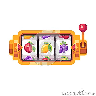 Golden slot machine with fruit symbols. Casino flat illustration Vector Illustration