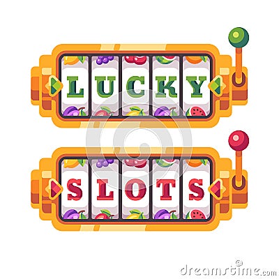 Golden slot machine with letters Lucky Slots. Casino flat illustration Vector Illustration