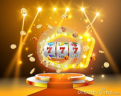 Golden slot machine wins the jackpot Vector Illustration