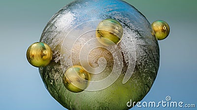 golden small balls on the surface of a silvery large sphere. abstract three-dimensional composition. 3d render Cartoon Illustration