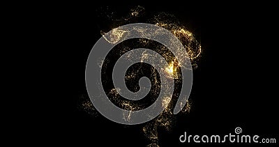 Golden smoke, shining fluid particles light, liquid gold glitter pour on black background. Sparkling gold, glittering shimmer Stock Photo