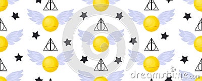 Golden snitch seamless pattern. deathly hallows. The world of magic. Magical items Vector Illustration