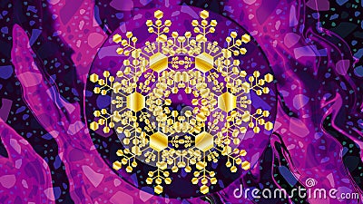 Golden snowflake on abstract grunge purple pink black background. Neon light glitch backdrop. Digital Cover design. NFT Card. Stock Photo