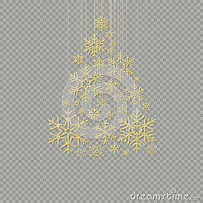 Golden snowflake Christmas tree on transparent background for greeting card Happy New Year. EPS 10 Vector Illustration