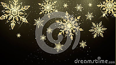 Golden snowflakes isolated on dark background. New Year and Christmas magic decoration wallpaper. Holiday banner Vector Illustration