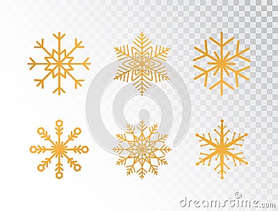 Golden snowflakes set on transparent background. Merry Christmas and Happy New Year greeting card with glitter gold Vector Illustration