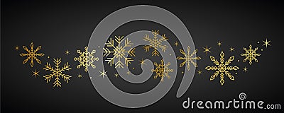 Golden snowflakes and stars border on dark background Vector Illustration