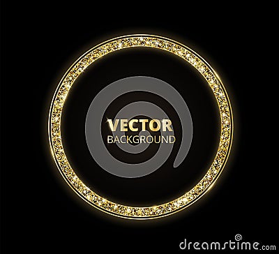 Golden sparkle background, glitter circle frame. Black and gold vector dust. Vector Illustration