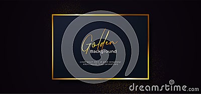 Golden sparkling box frame with gold glitter effect. Square dark blue paper board badge on black background vector illustration. Vector Illustration