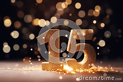 Golden sparkling number fifteen on black background. Symbol 15. Invitation for a fifteenth birthday party or business Stock Photo