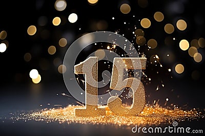 Golden sparkling number fifteen on black background. Symbol 15. Invitation for a fifteenth birthday party or business Stock Photo