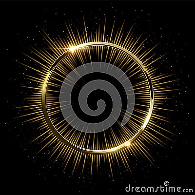 Golden sparkling ring with rays isolated on black background. Vector golden frame. Vector Illustration