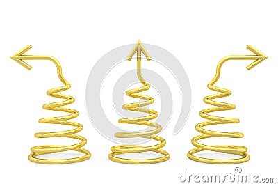 Golden spirals with different direction arrows on white Stock Photo