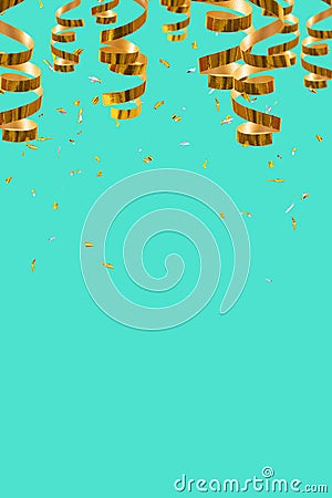 Golden shiny spirals, streamers and confetti on a red background with place for text. Festive christmas background Stock Photo