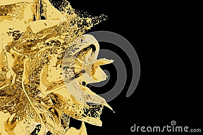 Golden splash on black background. 3d gold paint stock illustration. 3d rendering metal splashes. Copy space Cartoon Illustration