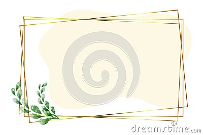 Golden square frame with green watercolor leaves on a white isolated background, pink trendy spot Vector Illustration