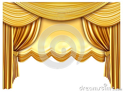 Golden stage curtain. Realistic silk curtains, luxury opera scene backdrop, gold opera, theater scene portiere drapes Vector Illustration