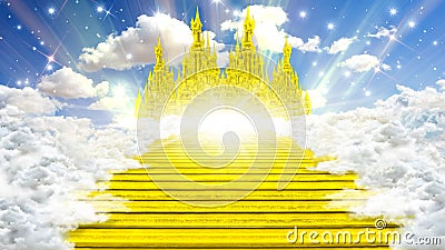 golden stairs through the clouds to the beautiful golden kingdom of heaven. 3d renders Stock Photo