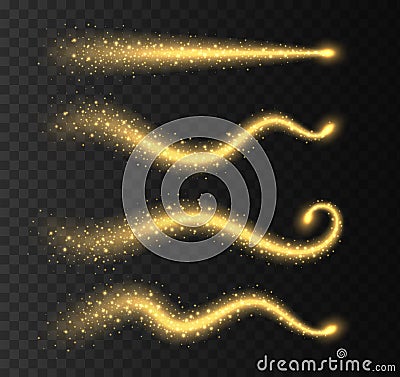 Golden stardust trails collection isolated on transparent background. Magic swirls with sparkles, yellow shiny stars. Vector Illustration