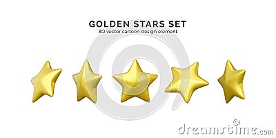 Golden stars collection. 3d stars render set for rang, rating, achievement. Realistic design element, confetti Vector Illustration