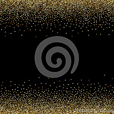 golden stars, glittering confetti. Scattered small sparkling, shiny balls, circles. Random stellar drop on a black background. Stock Photo