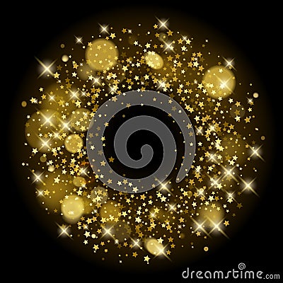 Golden stars sequins glitter background template. Vector Illustration