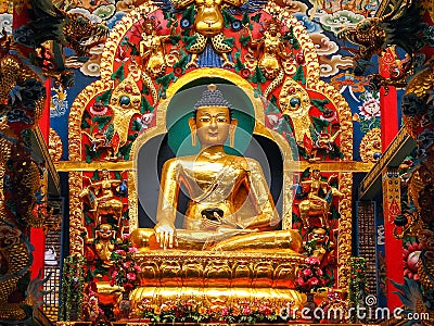 Golden Statue of Buddha inside Namdroling Monastery Editorial Stock Photo