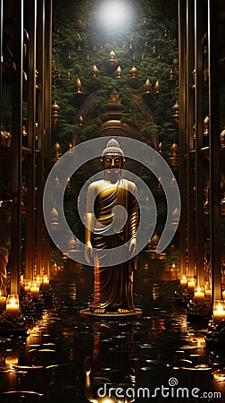 a golden statue of buddha stands in the dark temple generative AI Stock Photo