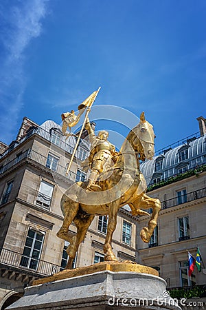 Golden statue of Joan of Arc from 1874, place des Pyramides, Paris France Editorial Stock Photo