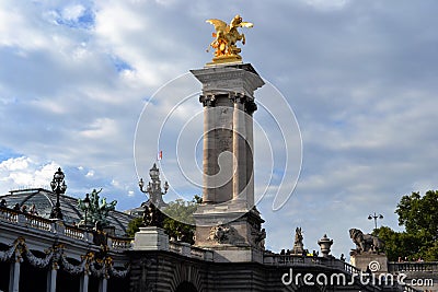 Golden Statue on Pont Alexandre III, Grand Palais Roof, View from Siene River Stock Photo