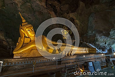 Golden statues of buddha in cave temple Wat Tham Suwankhuha cave Monkey Cave In Phang Nga, Thailand Editorial Stock Photo