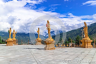 Golden statues of Buddhist female gods at Buddha Dordenma temple, Thimphu, Bhutan Stock Photo