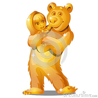 Golden statuette in the form of a village girl in the paws of a bear isolated on white background. Vector cartoon close Vector Illustration