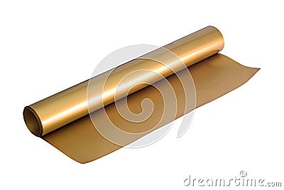 Golden sticker roll isolated on white background. Foil sheet material. Clipping path Stock Photo