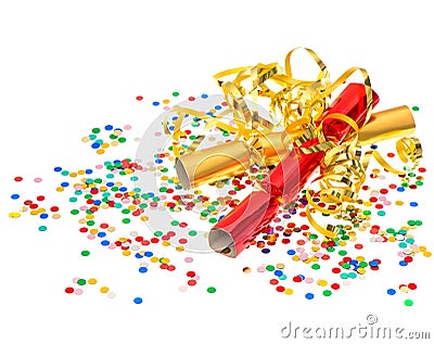 golden streamer, party cracker and confetti over white background Stock Photo