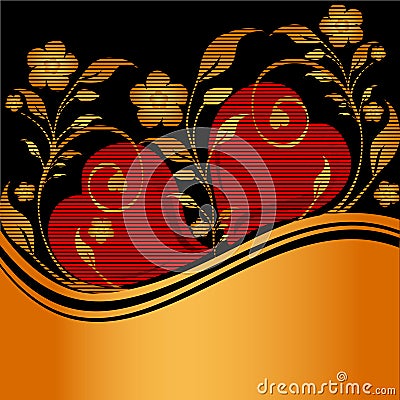 Golden striped floral ornament with two hearts Vector Illustration