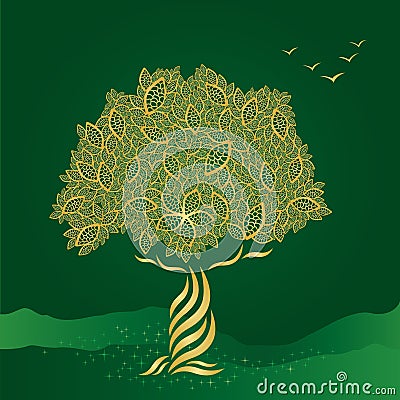 Golden stylized tree on green background Vector Illustration