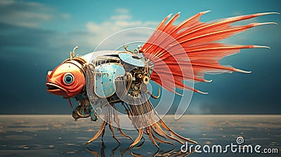 golden submersion, steampunk robotic fish in crystal clear water Cartoon Illustration