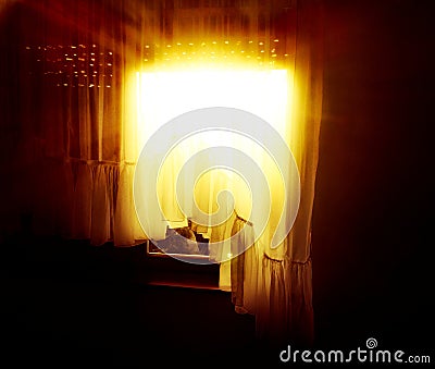 Golden sun rays breaking through the window Stock Photo