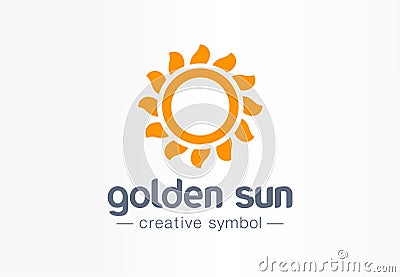 Golden sun rays creative symbol concept. Summertime sunlight, sunflower, solarium abstract business logo. Summer Vector Illustration