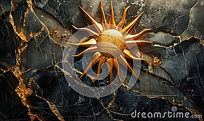 Golden Sunburst Emblem on Cracked Black Marble Background Symbolizing Power, Enlightenment, and Cosmic Energy in Artistic Stock Photo