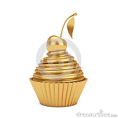 Golden Sundae Ice Cream Cupcake with Cherry. 3d Rendering Stock Photo