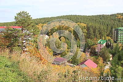 Golden autumn in the Altai region in Russia. Beautiful landscape - road in autumn forest Stock Photo